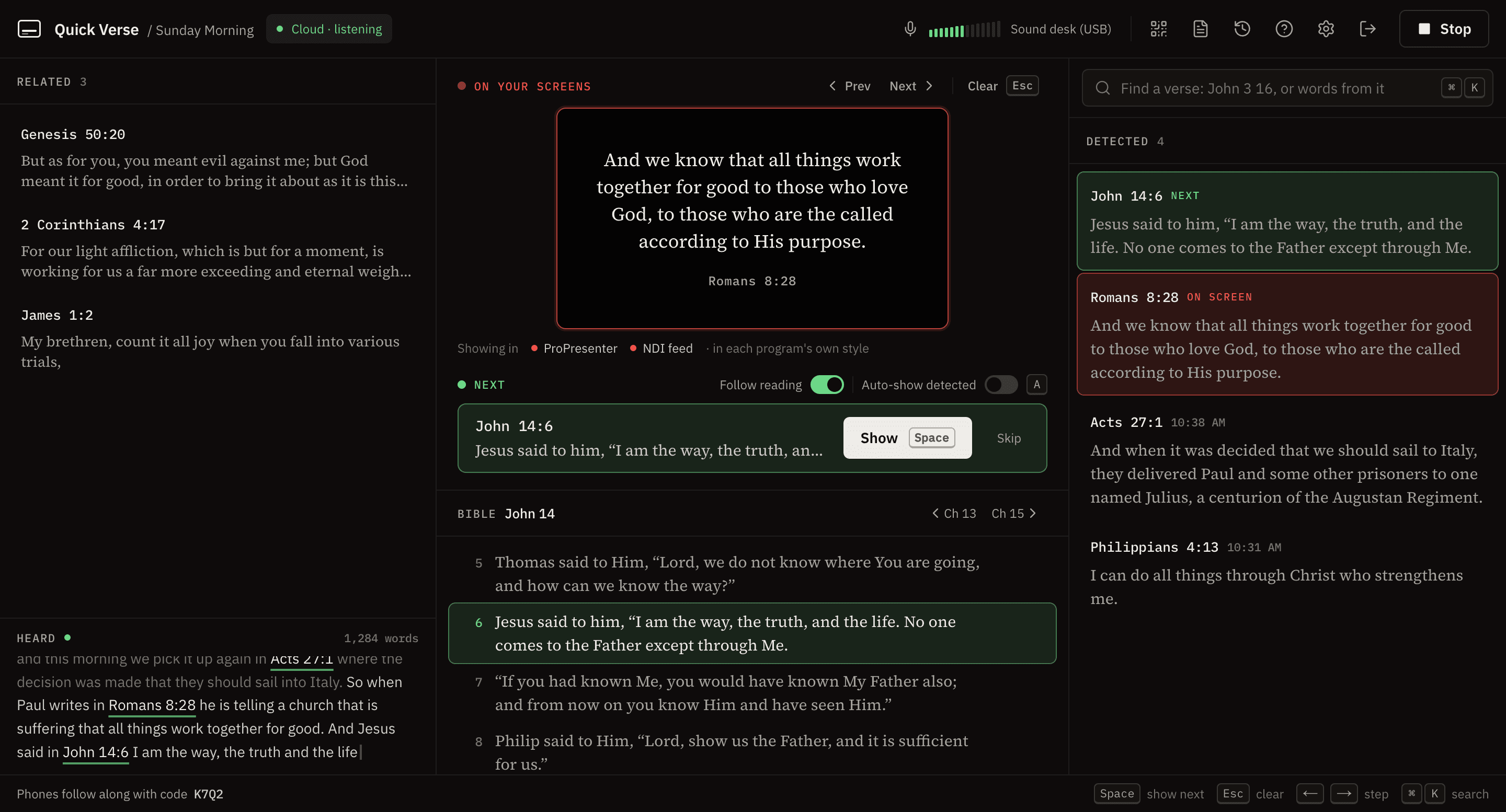 The Quick Verse console during a service: the verse on screen, the next verse, detected verses and the open chapter